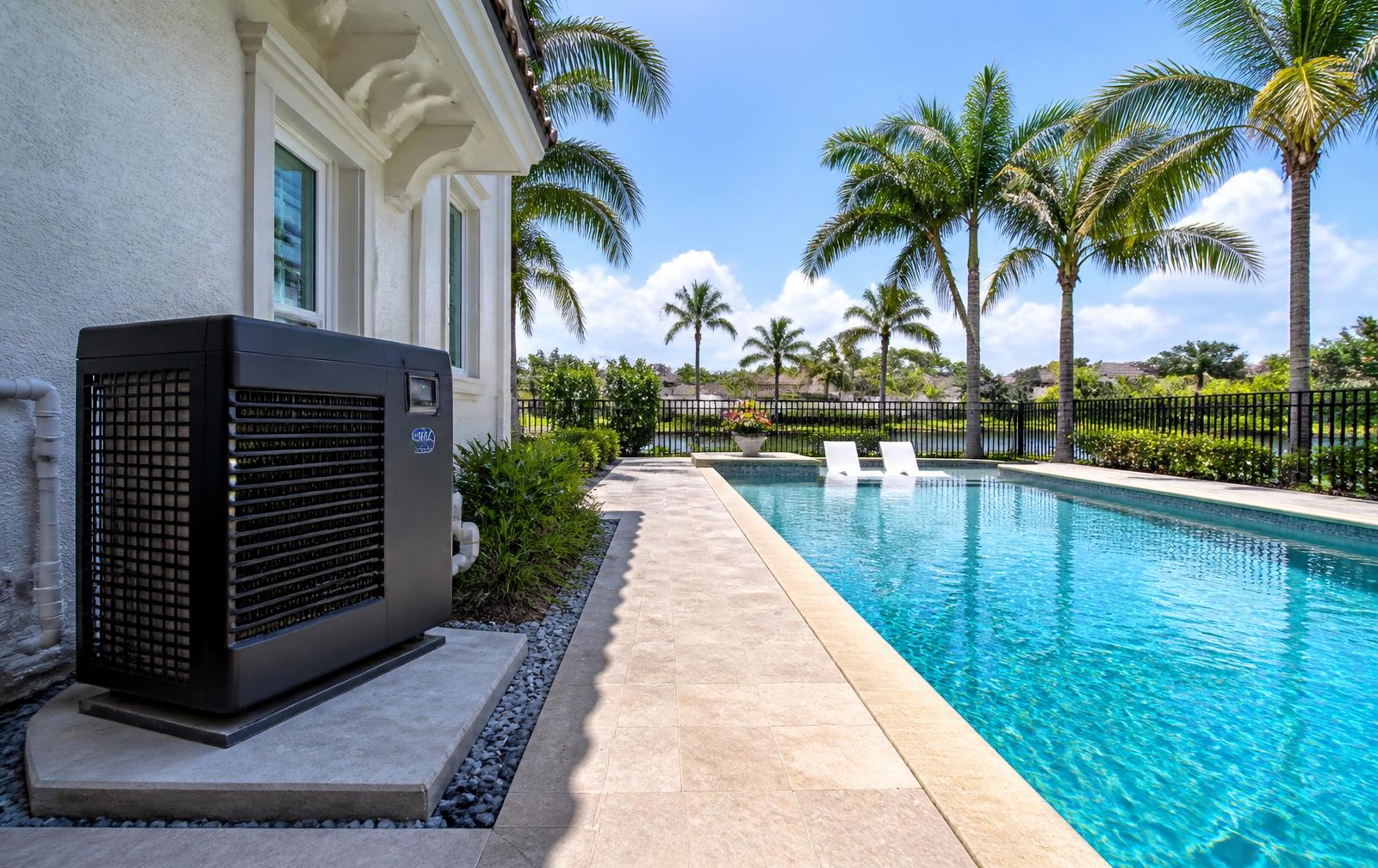 Pool heat pump installed beside a backyard swimming pool at a Florida home